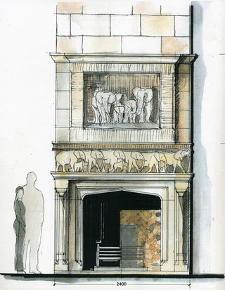 watercolour sketch of a fireplace design