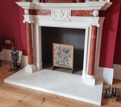 Bespoke Ionic Carved In Veined White Marble & Imperial Red