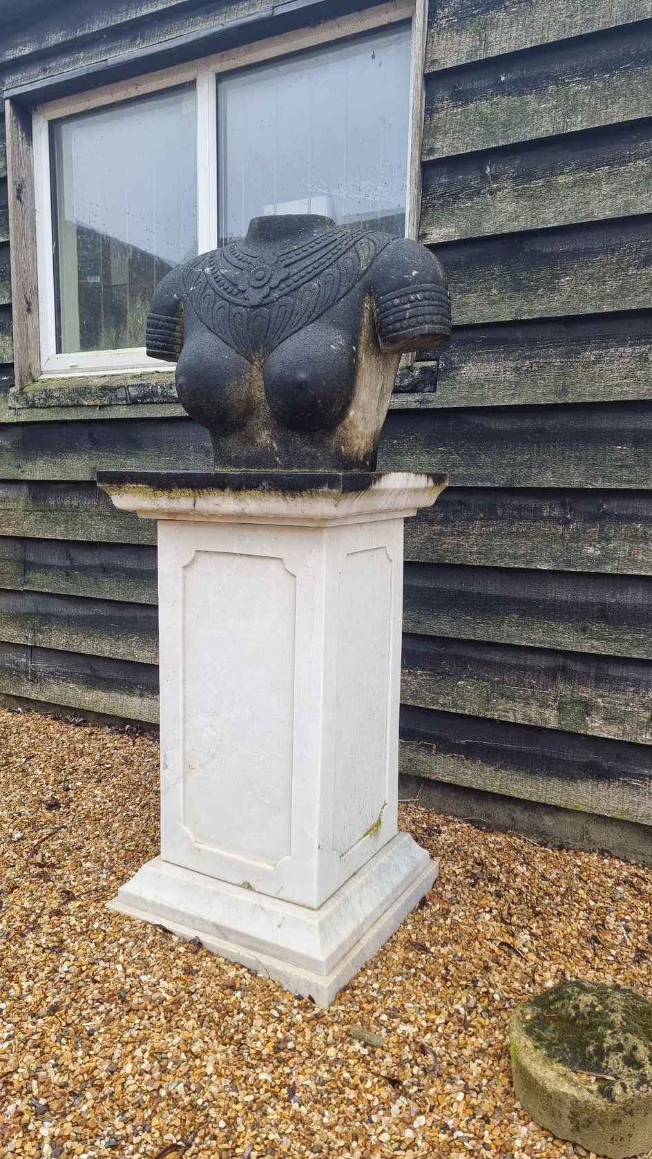 Antiqued Female Torso, Standing On Marble Pedestal (Aged Marble)